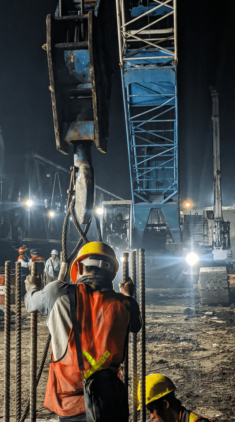 Soldador trabajando en construcción nocturna